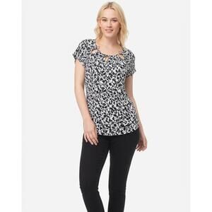 LC Shirt Womens Size 1X Black White Floral Keyhole Short Sleeve Boho Chic